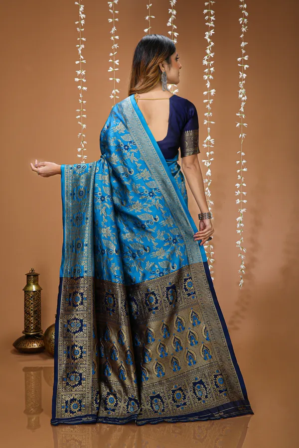 FLUIT_LESVETEMENTS_Woven_Kanjivaram_Jacquard_Saree_with_Unstitched_Blouse_(Blue)