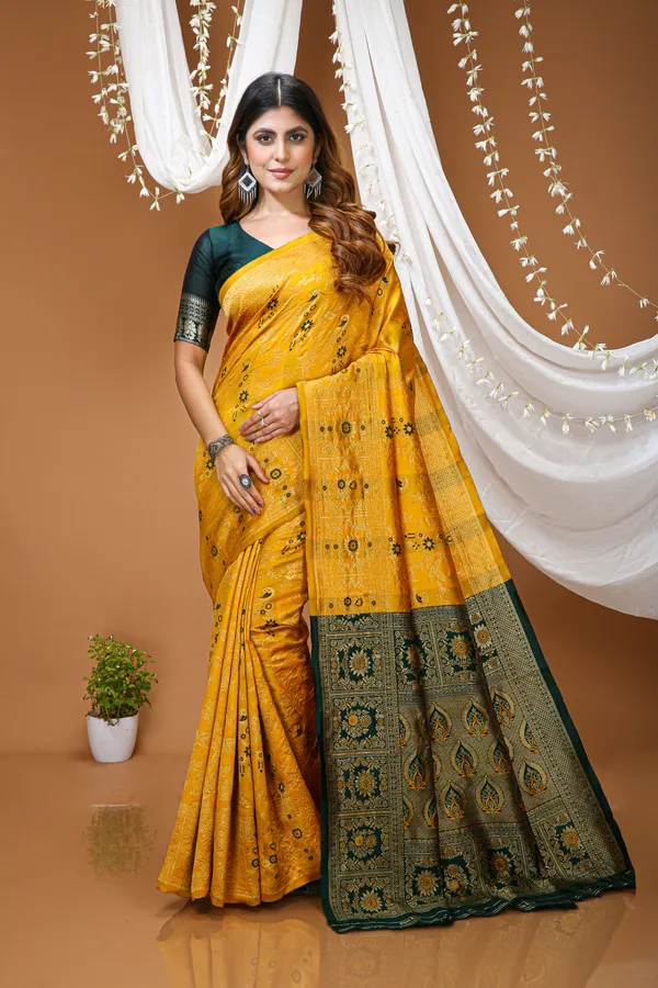 FLUIT_LESVETEMENTS_Woven_Kanjivaram_Jacquard_Saree_with_Unstitched_Blouse_(Yellow)