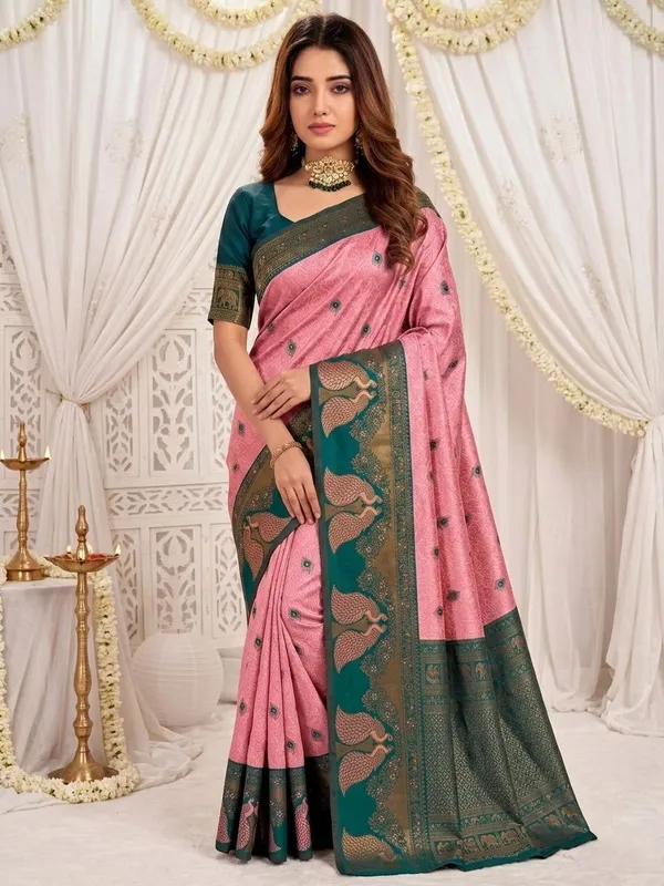 FLUIT_LESVETEMENTS_Animal_Print_Banarasi_Pure_Silk_Saree_with_Unstitched_Blouse_(Pink)
