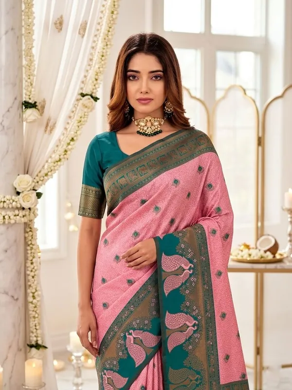 FLUIT_LESVETEMENTS_Animal_Print_Banarasi_Pure_Silk_Saree_with_Unstitched_Blouse_(Pink)