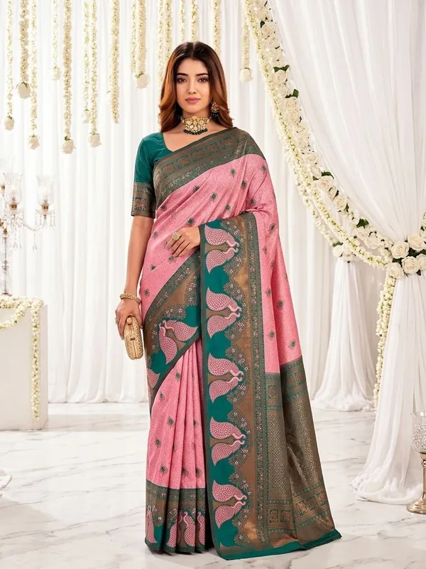FLUIT_LESVETEMENTS_Animal_Print_Banarasi_Pure_Silk_Saree_with_Unstitched_Blouse_(Pink)