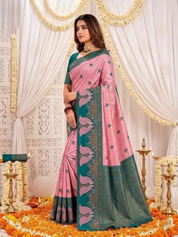 FLUIT_LESVETEMENTS_Animal_Print_Banarasi_Pure_Silk_Saree_with_Unstitched_Blouse_(Pink)