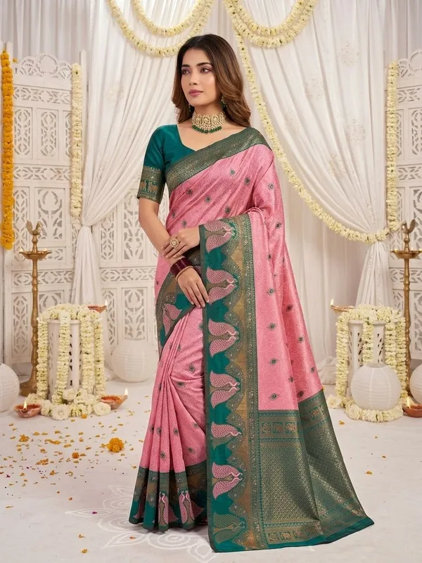 FLUIT_LESVETEMENTS_Animal_Print_Banarasi_Pure_Silk_Saree_with_Unstitched_Blouse_(Pink)