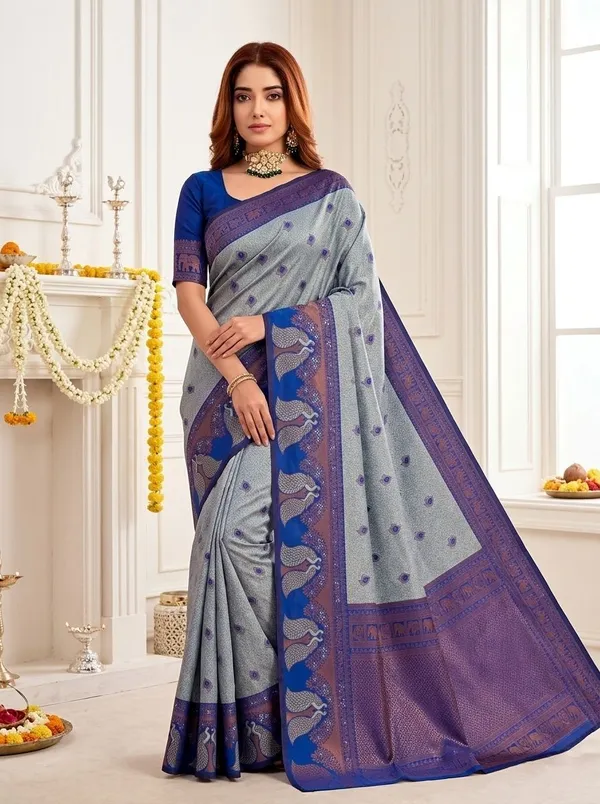 FLUIT_LESVETEMENTS_Animal_Print_Banarasi_Pure_Silk_Saree_with_Unstitched_Blouse_(Blue)