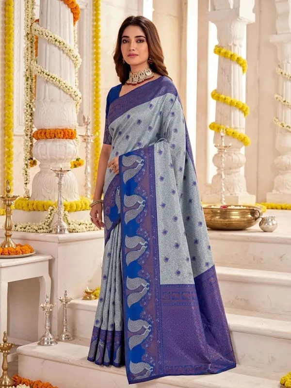 FLUIT_LESVETEMENTS_Animal_Print_Banarasi_Pure_Silk_Saree_with_Unstitched_Blouse_(Blue)