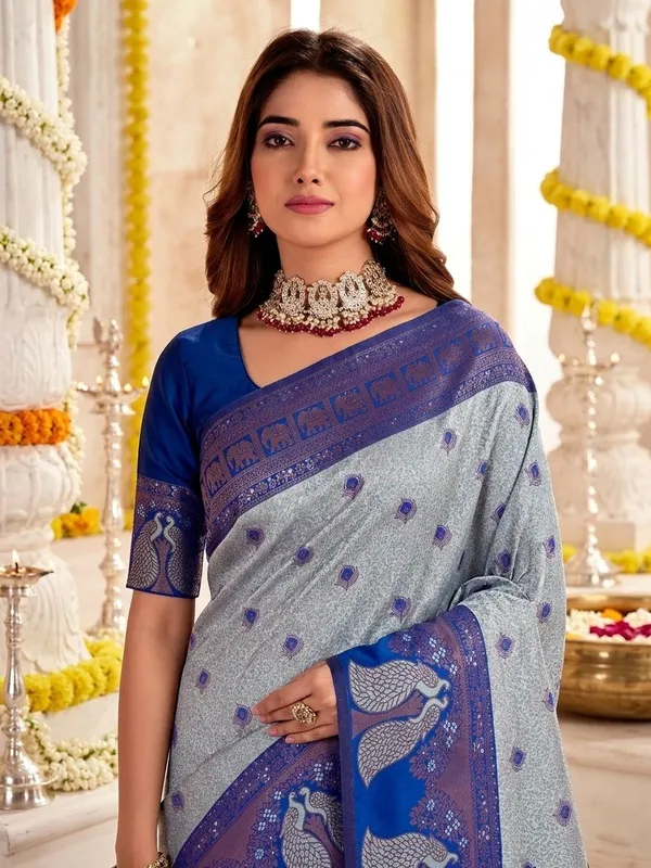 FLUIT_LESVETEMENTS_Animal_Print_Banarasi_Pure_Silk_Saree_with_Unstitched_Blouse_(Blue)