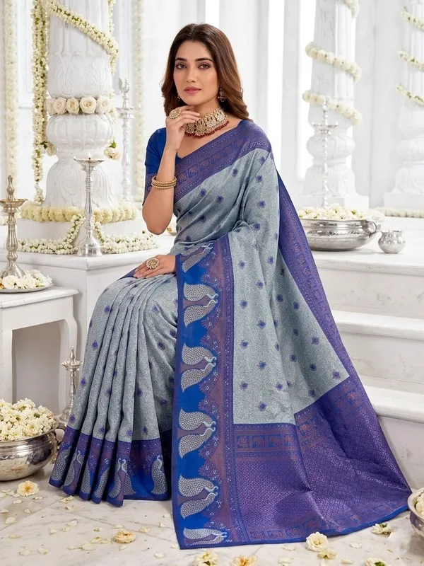 FLUIT_LESVETEMENTS_Animal_Print_Banarasi_Pure_Silk_Saree_with_Unstitched_Blouse_(Blue)