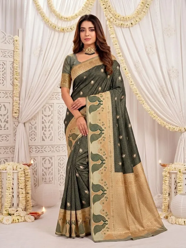 FLUIT_LESVETEMENTS_Animal_Print_Banarasi_Pure_Silk_Saree_with_Unstitched_Blouse_(Dark_Green)