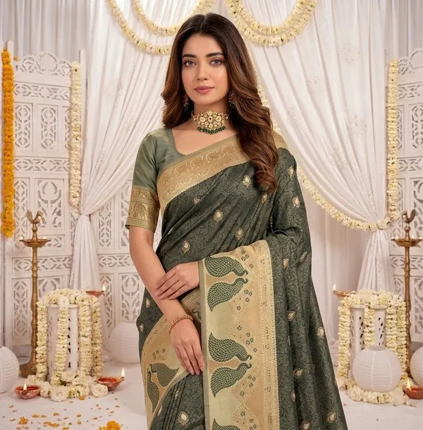 FLUIT_LESVETEMENTS_Animal_Print_Banarasi_Pure_Silk_Saree_with_Unstitched_Blouse_(Dark_Green)