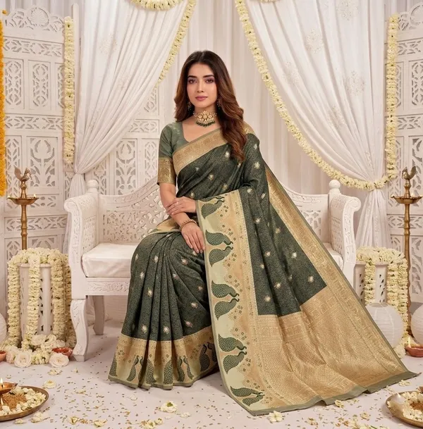 FLUIT_LESVETEMENTS_Animal_Print_Banarasi_Pure_Silk_Saree_with_Unstitched_Blouse_(Dark_Green)
