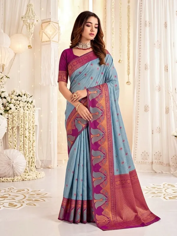 FLUIT_LESVETEMENTS_Animal_Print_Banarasi_Pure_Silk_Saree_with_Unstitched_Blouse_(Light_Blue)