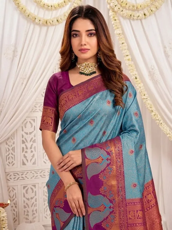FLUIT_LESVETEMENTS_Animal_Print_Banarasi_Pure_Silk_Saree_with_Unstitched_Blouse_(Light_Blue)