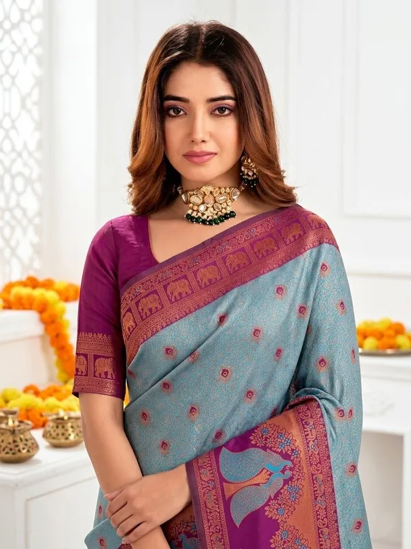 FLUIT_LESVETEMENTS_Animal_Print_Banarasi_Pure_Silk_Saree_with_Unstitched_Blouse_(Light_Blue)