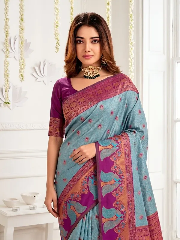 FLUIT_LESVETEMENTS_Animal_Print_Banarasi_Pure_Silk_Saree_with_Unstitched_Blouse_(Light_Blue)