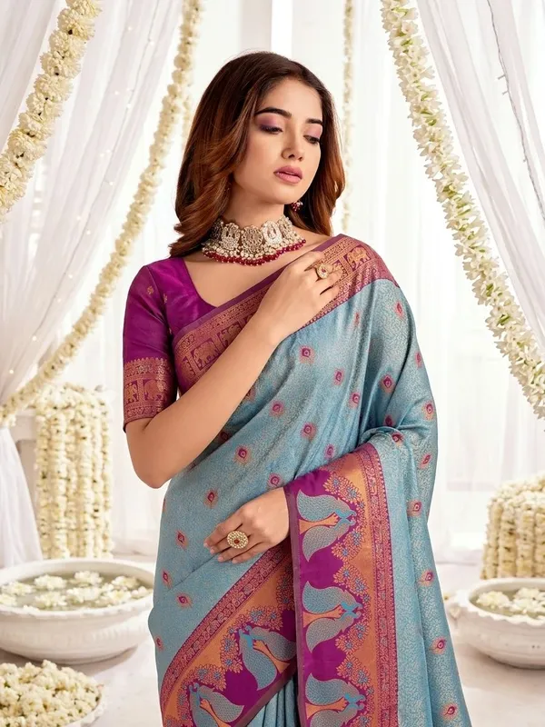 FLUIT_LESVETEMENTS_Animal_Print_Banarasi_Pure_Silk_Saree_with_Unstitched_Blouse_(Light_Blue)