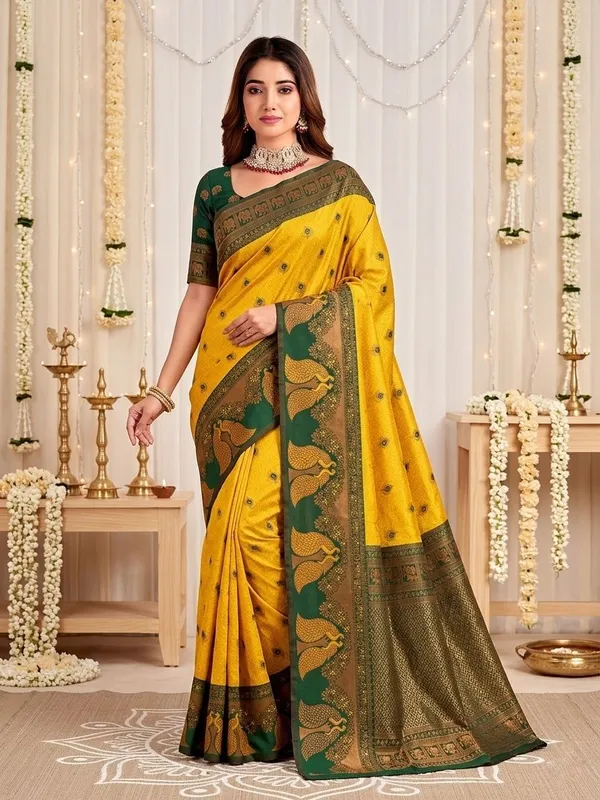 FLUIT_LESVETEMENTS_Animal_Print_Banarasi_Pure_Silk_Saree_with_Unstitched_Blouse_(Mustard)