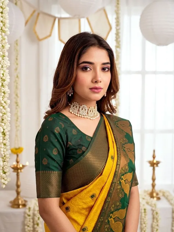 FLUIT_LESVETEMENTS_Animal_Print_Banarasi_Pure_Silk_Saree_with_Unstitched_Blouse_(Mustard)