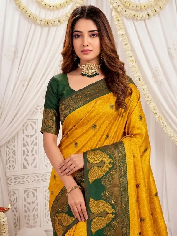 FLUIT_LESVETEMENTS_Animal_Print_Banarasi_Pure_Silk_Saree_with_Unstitched_Blouse_(Mustard)