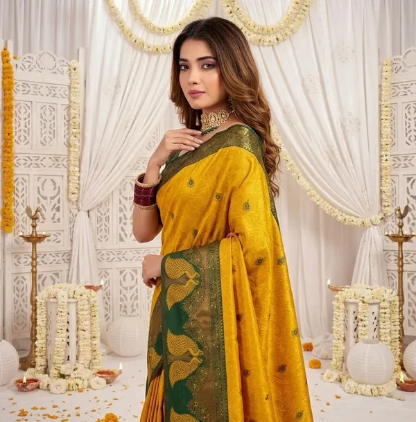 FLUIT_LESVETEMENTS_Animal_Print_Banarasi_Pure_Silk_Saree_with_Unstitched_Blouse_(Mustard)