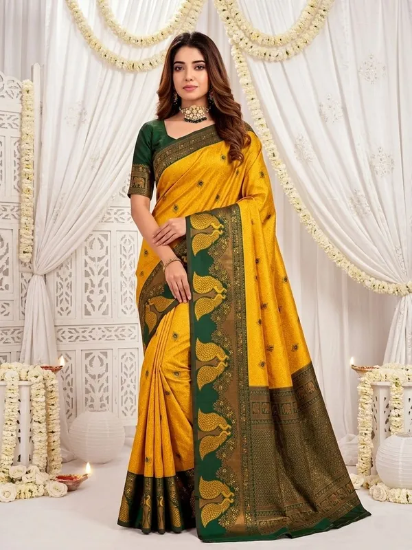 FLUIT_LESVETEMENTS_Animal_Print_Banarasi_Pure_Silk_Saree_with_Unstitched_Blouse_(Mustard)