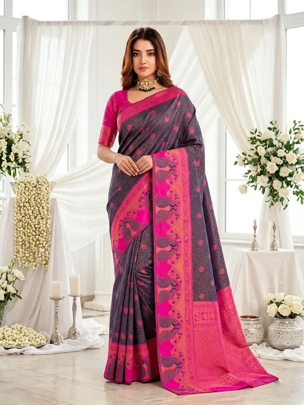 FLUIT_LESVETEMENTS_Animal_Print_Banarasi_Pure_Silk_Saree_with_Unstitched_Blouse_(Pink)