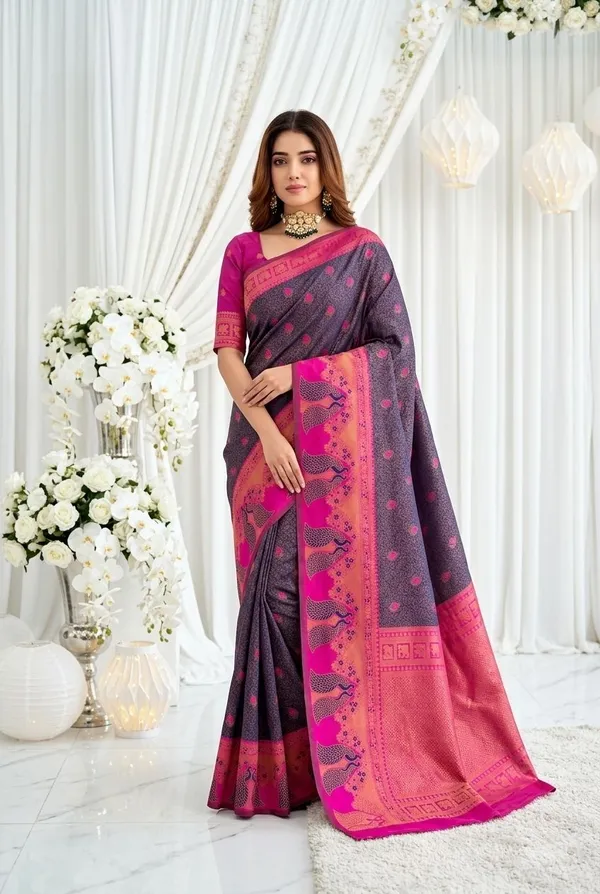 FLUIT_LESVETEMENTS_Animal_Print_Banarasi_Pure_Silk_Saree_with_Unstitched_Blouse_(Pink)
