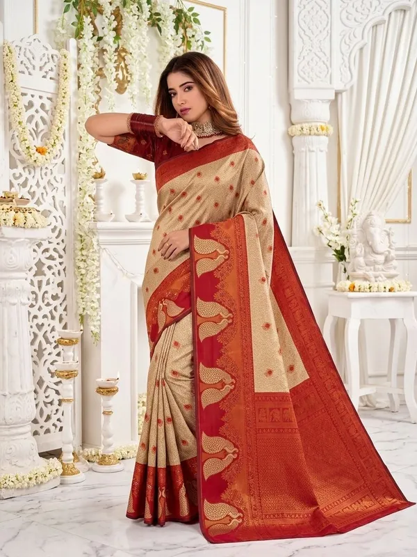 FLUIT_LESVETEMENTS_Animal_Print_Banarasi_Pure_Silk_Saree_with_Unstitched_Blouse_(Cream)