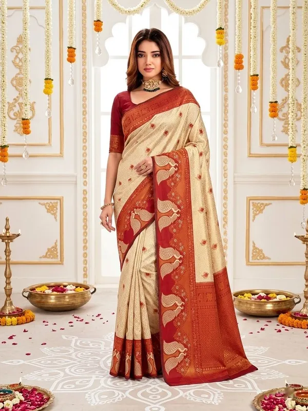 FLUIT_LESVETEMENTS_Animal_Print_Banarasi_Pure_Silk_Saree_with_Unstitched_Blouse_(Cream)