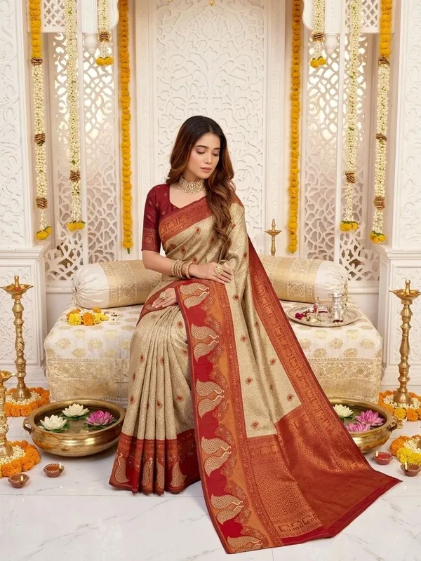 FLUIT_LESVETEMENTS_Animal_Print_Banarasi_Pure_Silk_Saree_with_Unstitched_Blouse_(Cream)