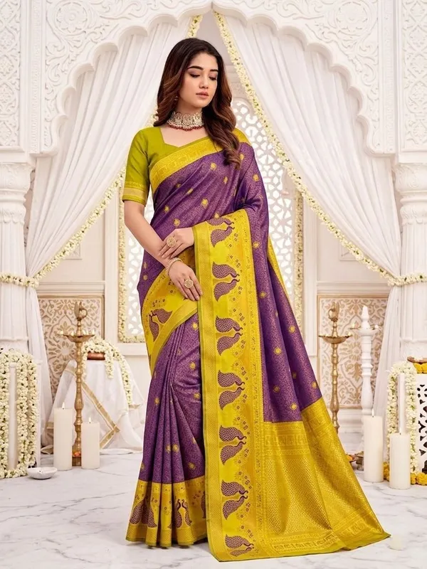 FLUIT_LESVETEMENTS_Animal_Print_Banarasi_Pure_Silk_Saree_with_Unstitched_Blouse_(Purple)