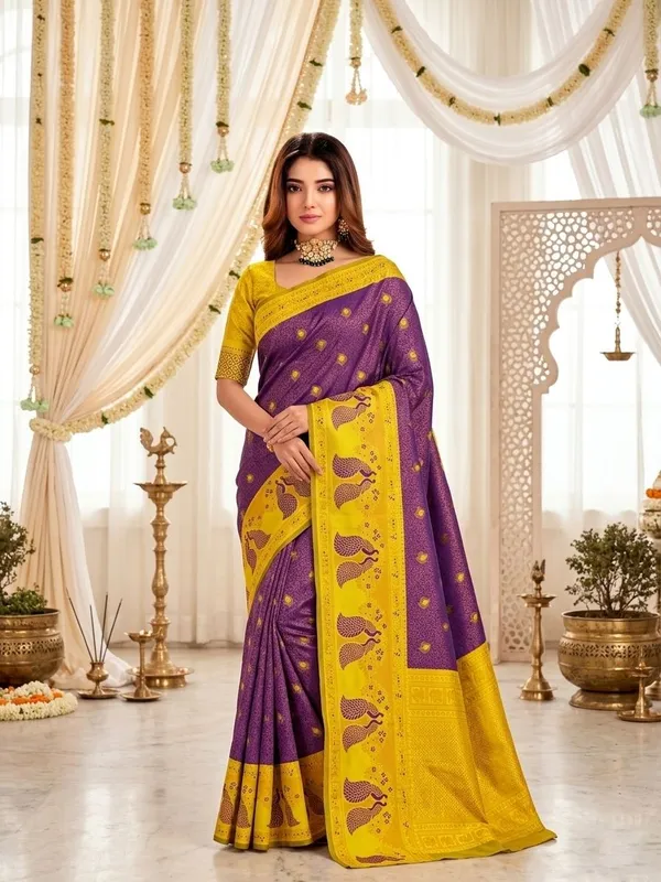 FLUIT_LESVETEMENTS_Animal_Print_Banarasi_Pure_Silk_Saree_with_Unstitched_Blouse_(Purple)