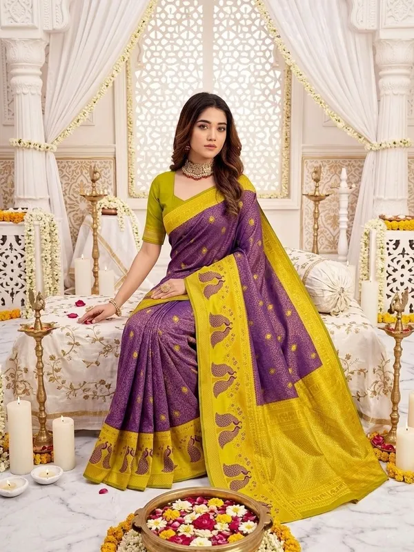 FLUIT_LESVETEMENTS_Animal_Print_Banarasi_Pure_Silk_Saree_with_Unstitched_Blouse_(Purple)
