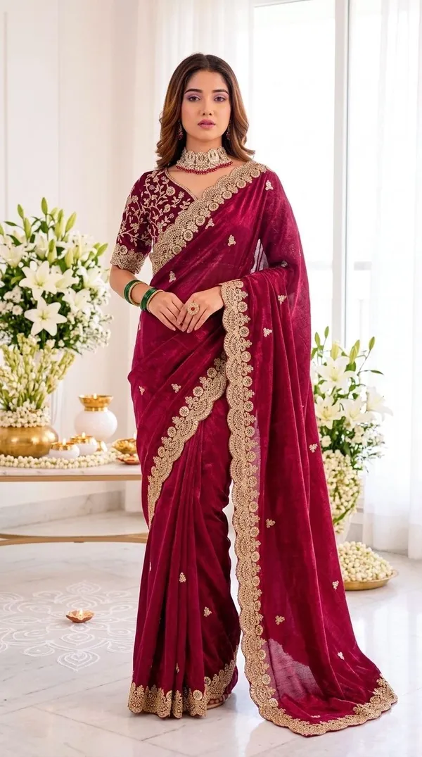 FLUIT_LESVETEMENTS_Embroidered_Bollywood_Satin_Saree_with_Unstitched_Blouse_(Red)