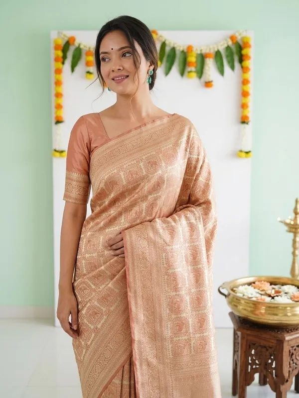 FLUIT_LESVETEMENTS_Self_Design_Kanjivaram_Jacquard_Saree_with_Unstitched_Blouse_(Orange)