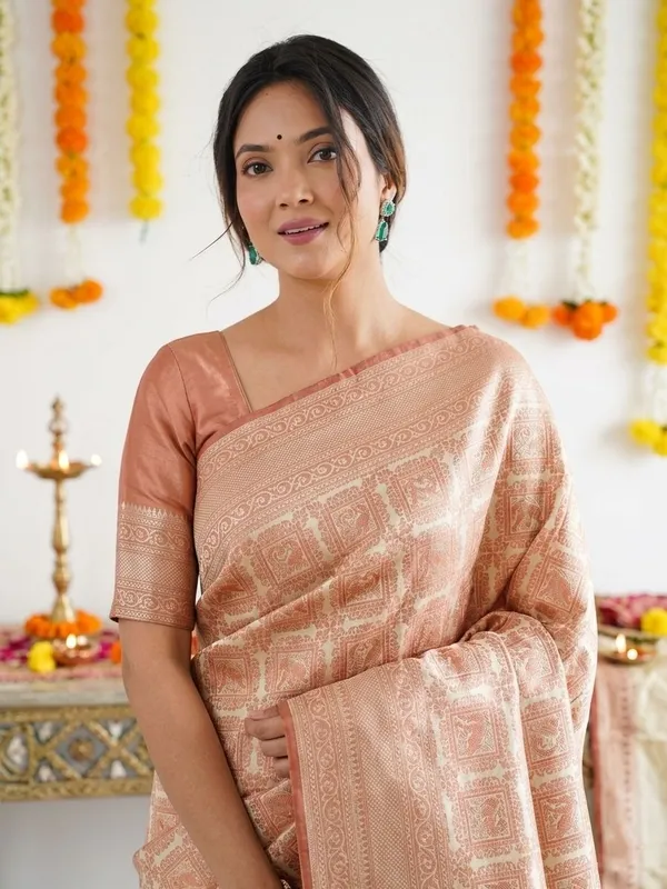 FLUIT_LESVETEMENTS_Self_Design_Kanjivaram_Jacquard_Saree_with_Unstitched_Blouse_(Orange)