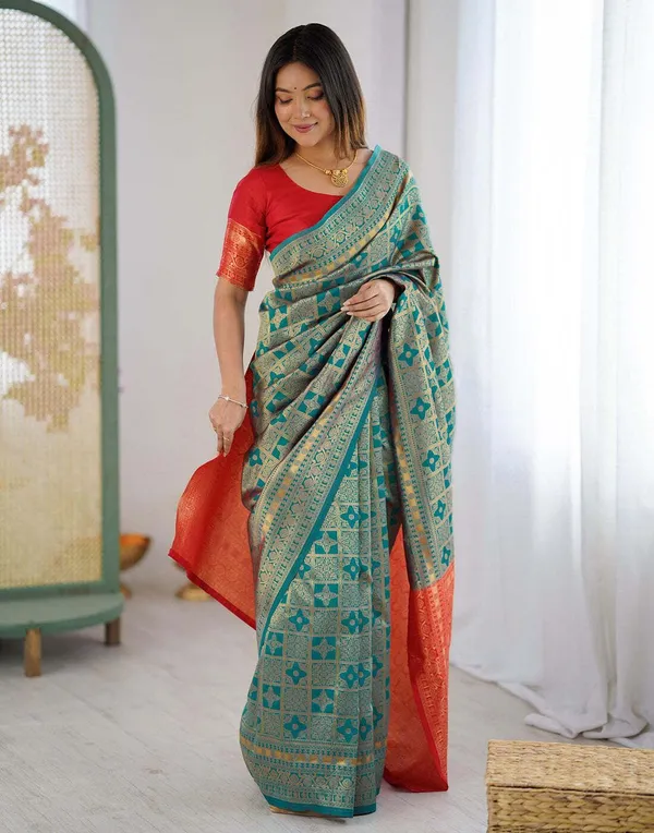 FLUIT_LESVETEMENTS_Self_Design_Kanjivaram_Jacquard_Saree_with_Unstitched_Blouse_(Light_Blue)