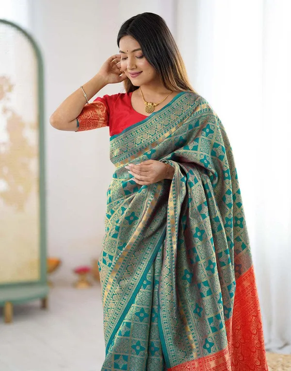 FLUIT_LESVETEMENTS_Self_Design_Kanjivaram_Jacquard_Saree_with_Unstitched_Blouse_(Light_Blue)