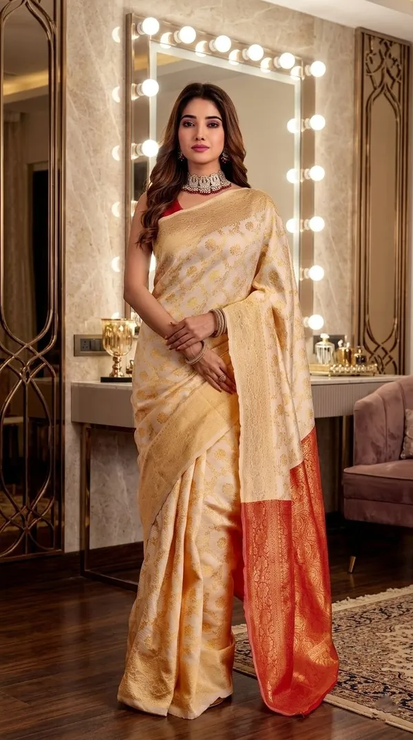 FLUIT_LESVETEMENTS_Self_Design_Kanjivaram_Jacquard_Saree_with_Unstitched_Blouse_(Cream)