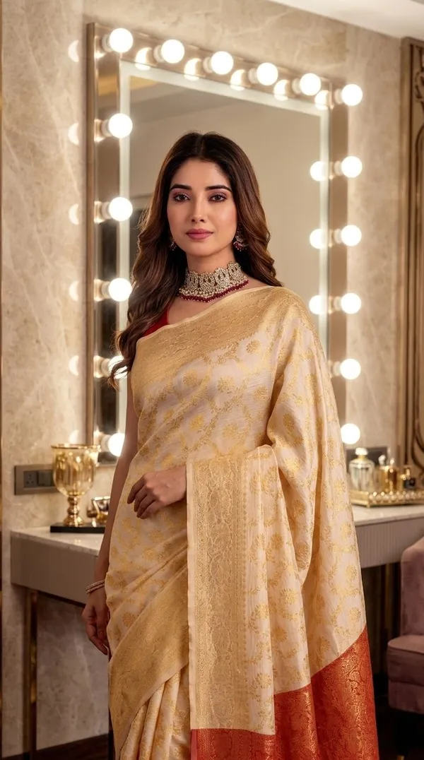 FLUIT_LESVETEMENTS_Self_Design_Kanjivaram_Jacquard_Saree_with_Unstitched_Blouse_(Cream)