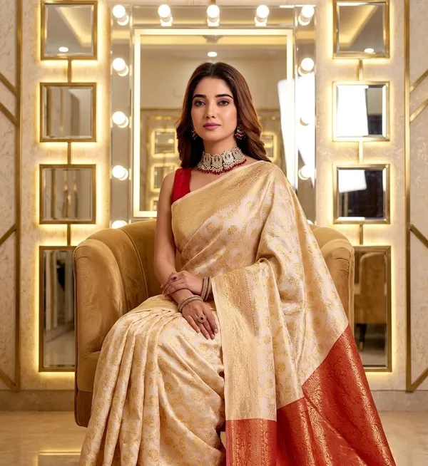 FLUIT_LESVETEMENTS_Self_Design_Kanjivaram_Jacquard_Saree_with_Unstitched_Blouse_(Cream)