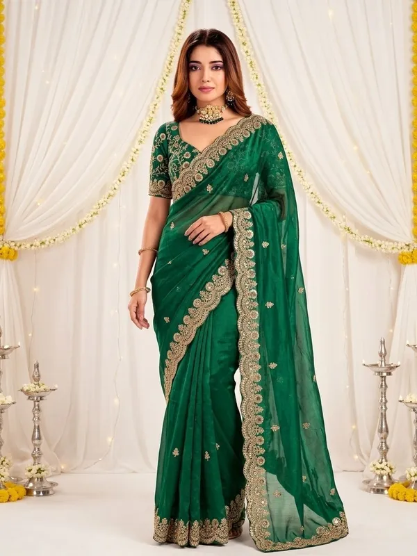 FLUIT_LESVETEMENTS_Embroidered_Bollywood_Satin_Saree_with_Unstitched_Blouse_(Dark_Green)