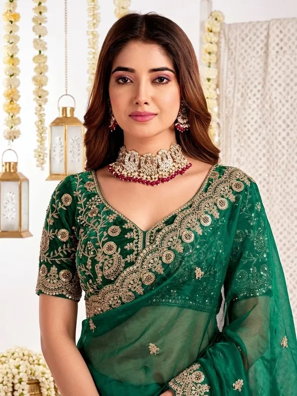 FLUIT_LESVETEMENTS_Embroidered_Bollywood_Satin_Saree_with_Unstitched_Blouse_(Dark_Green)