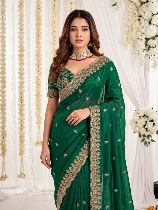 FLUIT_LESVETEMENTS_Embroidered_Bollywood_Satin_Saree_with_Unstitched_Blouse_(Dark_Green)