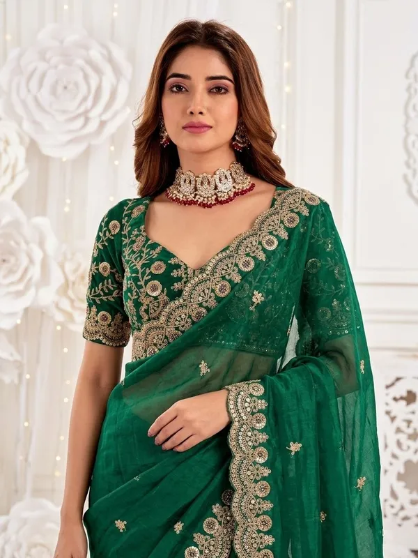 FLUIT_LESVETEMENTS_Embroidered_Bollywood_Satin_Saree_with_Unstitched_Blouse_(Dark_Green)