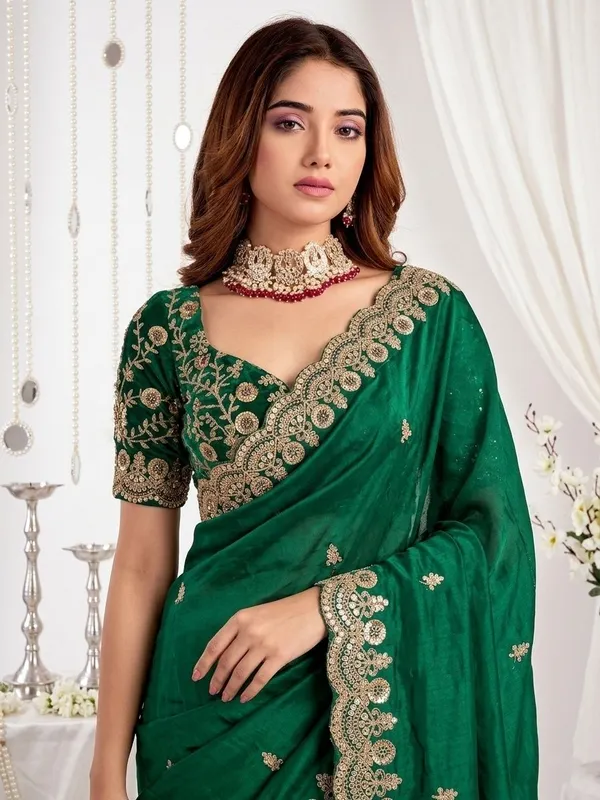 FLUIT_LESVETEMENTS_Embroidered_Bollywood_Satin_Saree_with_Unstitched_Blouse_(Dark_Green)