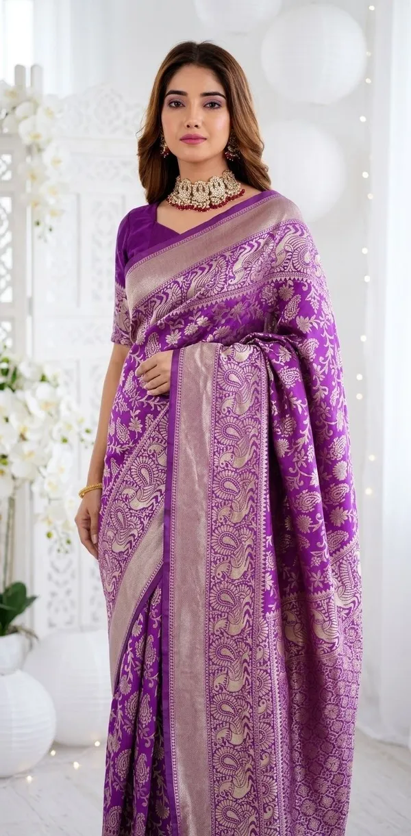 FLUIT_LESVETEMENTS_Self_Design_Kanjivaram_Jacquard_Saree_with_Unstitched_Blouse_(Purple)