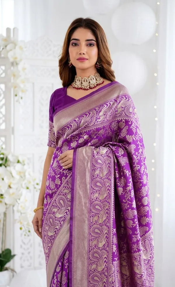 FLUIT_LESVETEMENTS_Self_Design_Kanjivaram_Jacquard_Saree_with_Unstitched_Blouse_(Purple)