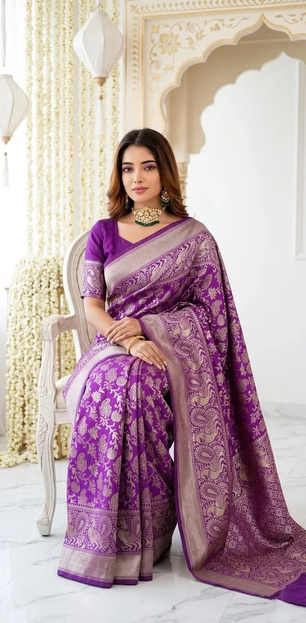 FLUIT_LESVETEMENTS_Self_Design_Kanjivaram_Jacquard_Saree_with_Unstitched_Blouse_(Purple)