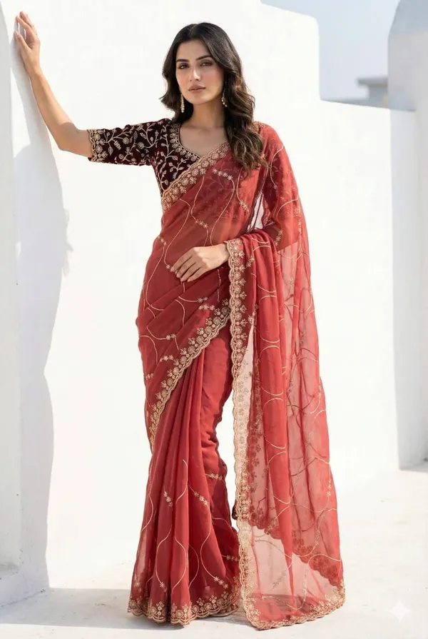 FLUIT_LESVETEMENTS_Embroidered_Bollywood_Georgette_Saree_with_Unstitched_Blouse_(Orange)