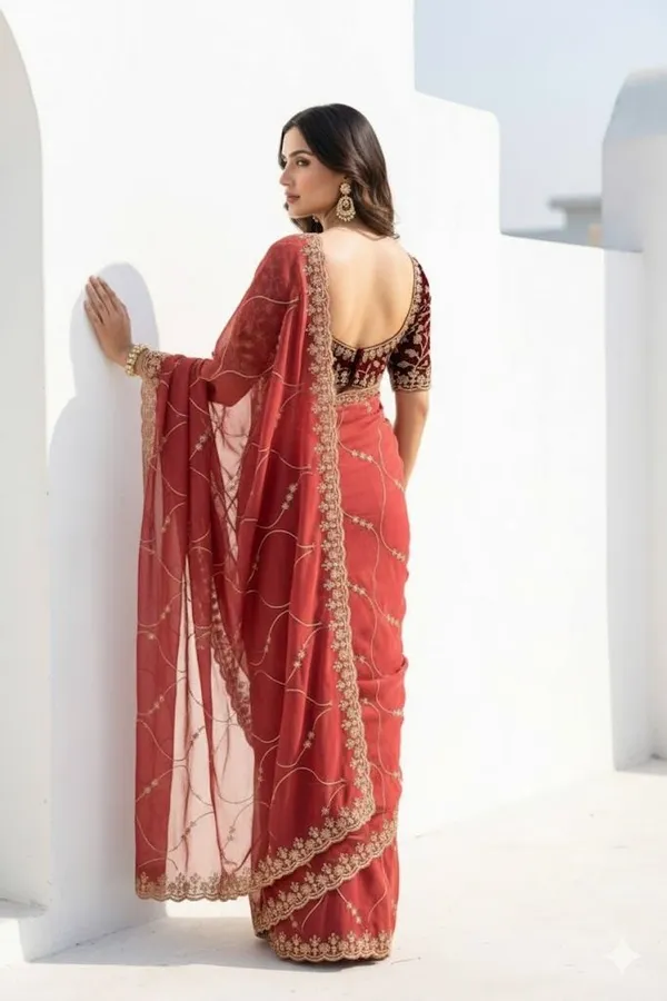 FLUIT_LESVETEMENTS_Embroidered_Bollywood_Georgette_Saree_with_Unstitched_Blouse_(Orange)